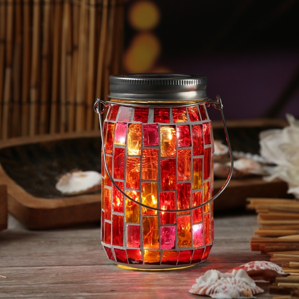 LED Solar Glas - Einmachglas mit Mosaiksteinchen - mit Henkel - H: 13,5cm - Lichtsensor - rot