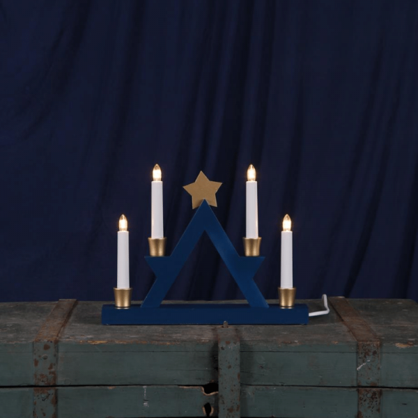 Fensterleuchter "Julle" mit Stern - 4flammig - warmweiße Glühlampen - H: 26cm - Blau/Gold 