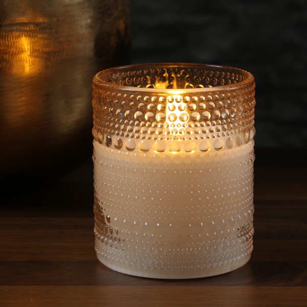 LED Kerze im Glas - Windlicht - Echtwachs - flackernde 3D Flamme - Timer - H: 10cm - orange