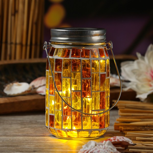 LED Solar Glas - Einmachglas mit Mosaiksteinchen - mit Henkel - H: 13,5cm - Lichtsensor - gelb