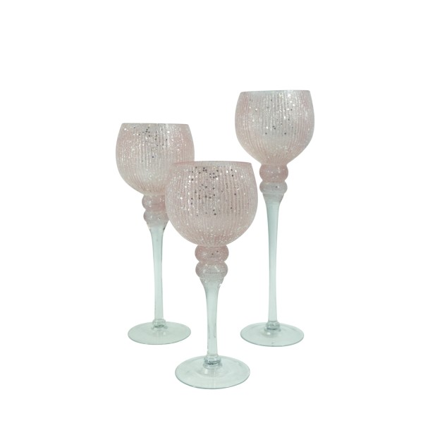 Kerzenhalter Kelch FLORENZ - Windlicht - Glas - H: 30,5cm, 34,5cm, 40cm - glitzernd - rosa - 3er Set