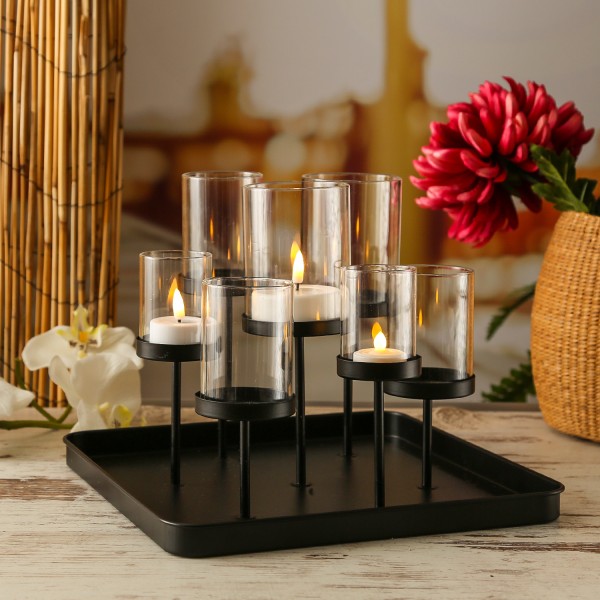 Kerzenhalter für 7 Kerzen - Teelichthalter - verschiedene Höhen - quadratisch - L: 28cm - schwarz