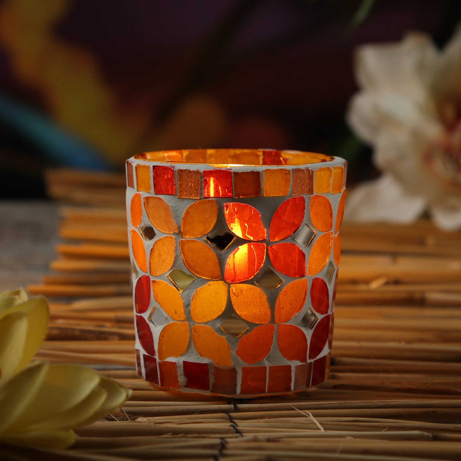 attraktiv Windlicht Mosaik Glas - 7cm 7cm - - bunt D: - Teelichthalter Motiv Blätter - H