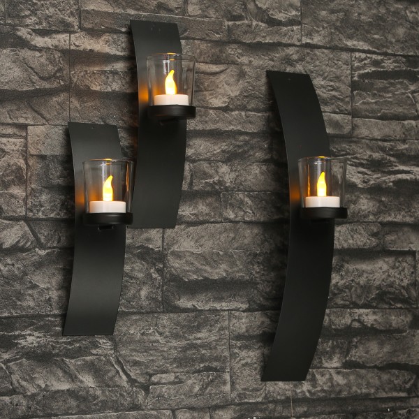 Wandkerzenhalter TRIO - mit Glasteelichthalter - 2 Höhen - Metall - schwarz - 3er Set