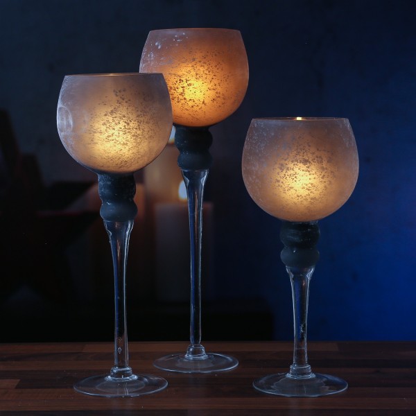 Kerzenhalter Kelch FROST - Windlicht - Glas - 3 Höhen - gefrostet und grau satiniert - 3er Set