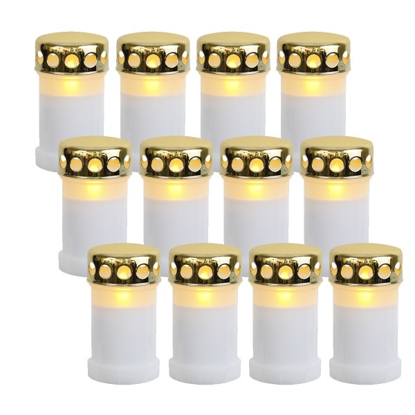 LED Grablicht - Grabkerze - flackernde gelbe LED - H: 14cm - 1200h Leuchtdauer - weiß/gold - 12 St.