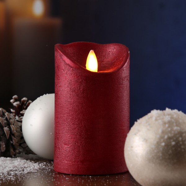 LED Kerze GLOW - Echtwachs - warmweiß glimmende Flamme - H: 12,5cm, D: 7,5cm - Timer - rot