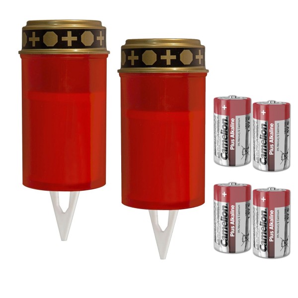 LED Grablicht SET - 2 Grabkerzen mit 4 Baby Batterien - rot flackernd - Timer - Erdspieß - rot