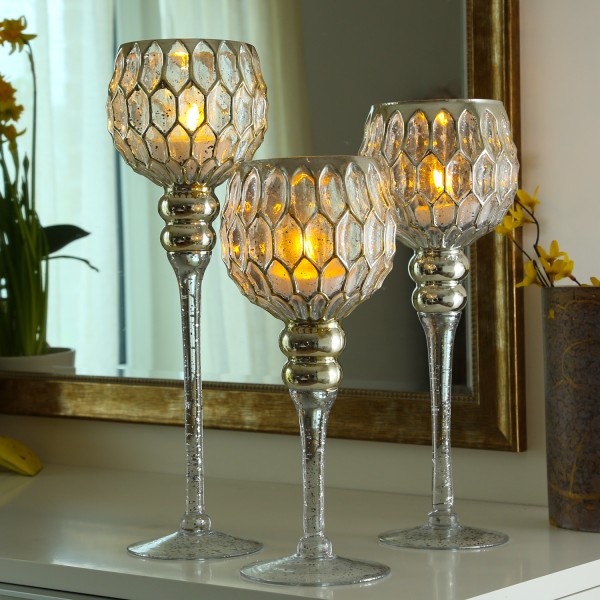 Kerzenhalter Kelch CORDOBA - Windlicht - Glas - H: 30,5cm, 34,5cm, 40cm - gold - 3er Set