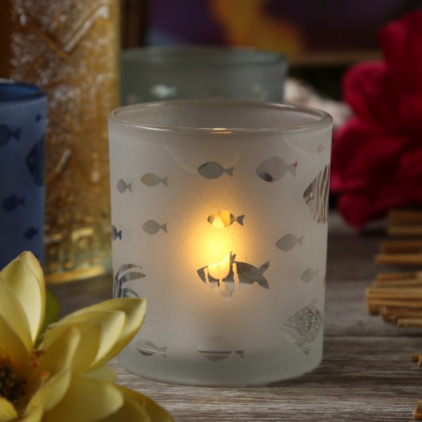 Teelichthalter Fische - Teelichtglas - Windlicht - satiniertes Glas - H: 9cm - D: 8cm - weiß
