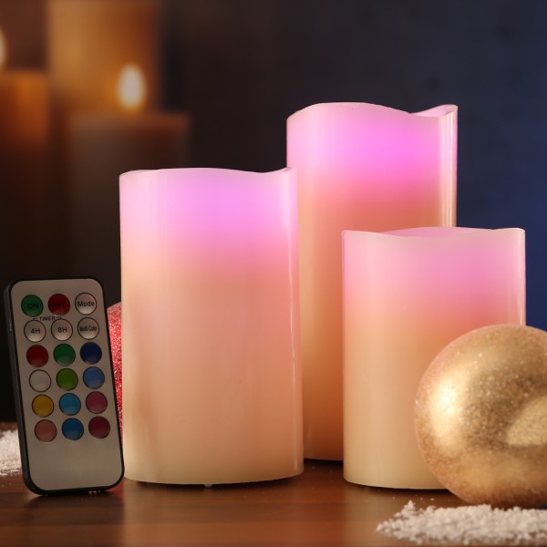 LED Kerzenset MULTI - Echtwachs - D: 7,5cm - Farbwechsel - Fernbedienung - Timer - creme - 3er Set
