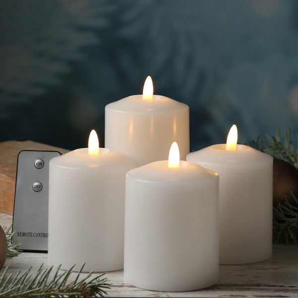 LED Kerzenset - Echtwachs - flackernde 3D Flamme - H: 11,5cm - Fernbedienung - weiß - 4er Set