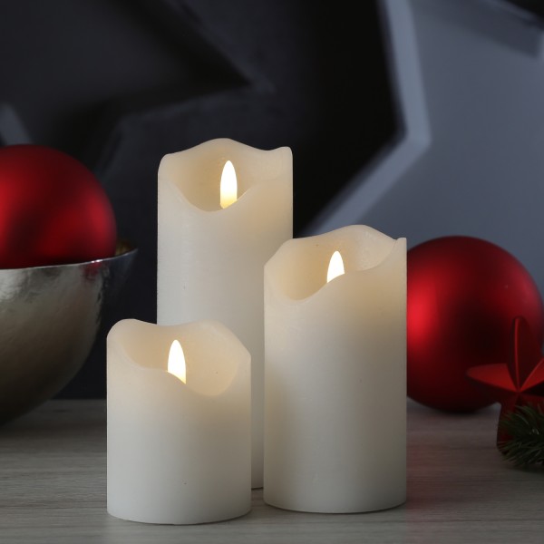 LED Kerzenset FLAMME - Rustik-Optik - Echtwachs - 3D Flamme - 3 Größen - Timer - weiß - 3er Set