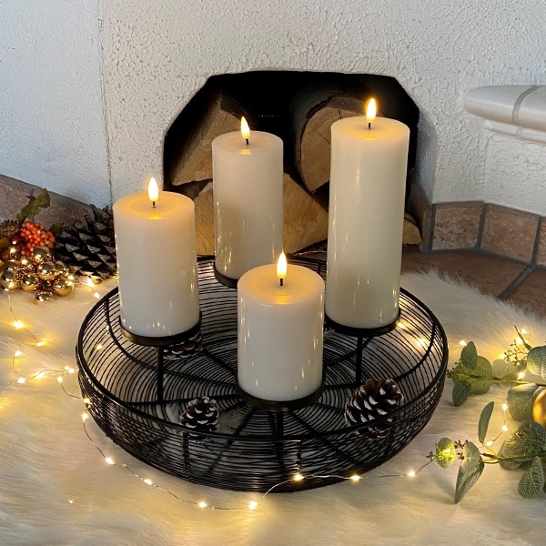 Kerzenhalter mit Dekoschale - Metallkranz - Adventskranz - für 4 Stumpenkerzen - D: 36cm - schwarz
