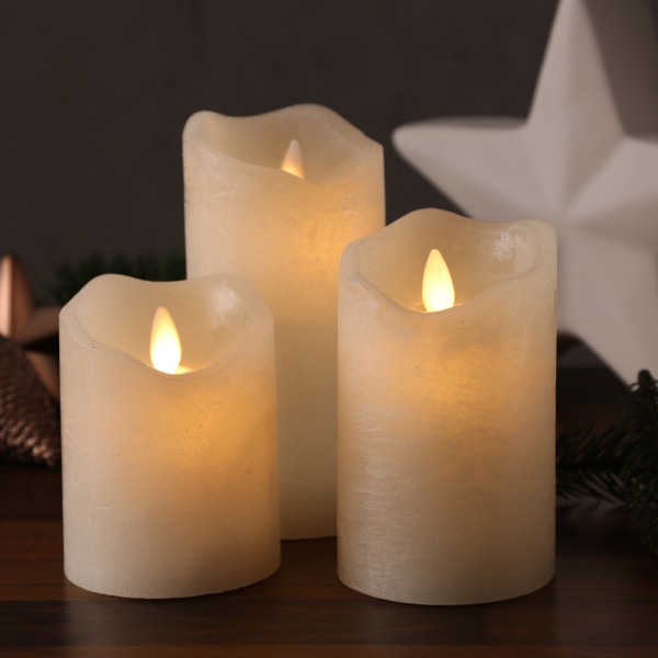 LED Kerzenset M-Twinkle - Echtwachs - bewegte Flamme - 3 Größen - Timer - creme - 3er Set