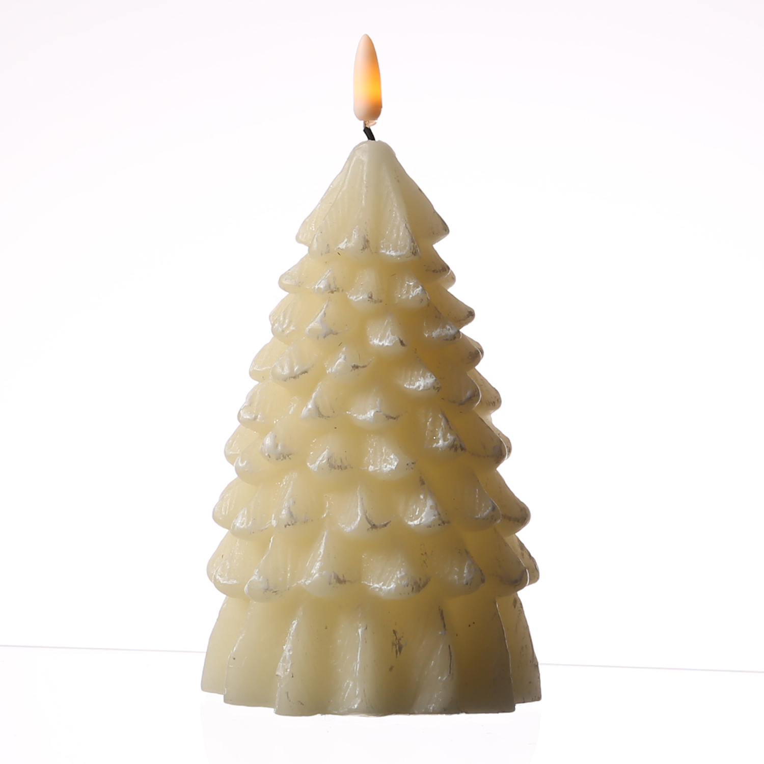 LED Kerze Tannenbaum - Echtwachs - warmweiße 3D Flamme - H: 18cm - Timer -  creme