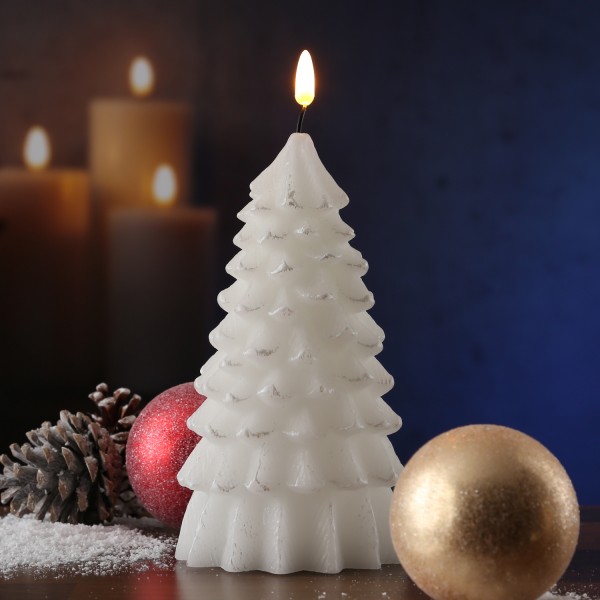 LED Kerze Tannenbaum - Echtwachs - warmweiße 3D Flamme - H: 20cm - Timer - weiß