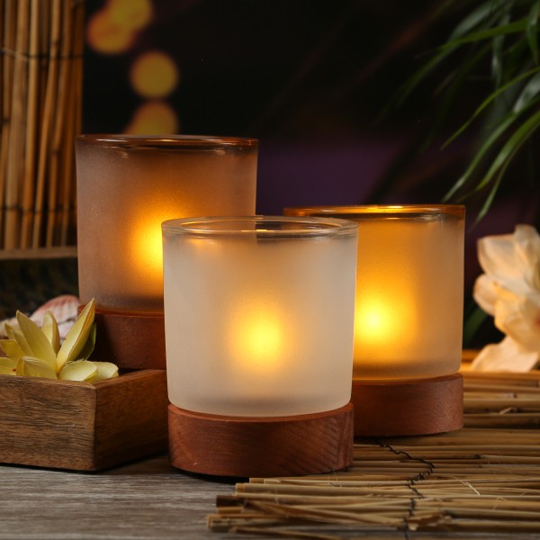Teelichthalter - Windlichter mit Holzsockel - satiniertes Glas - H: 11cm - weiß/natur/braun - 3St.