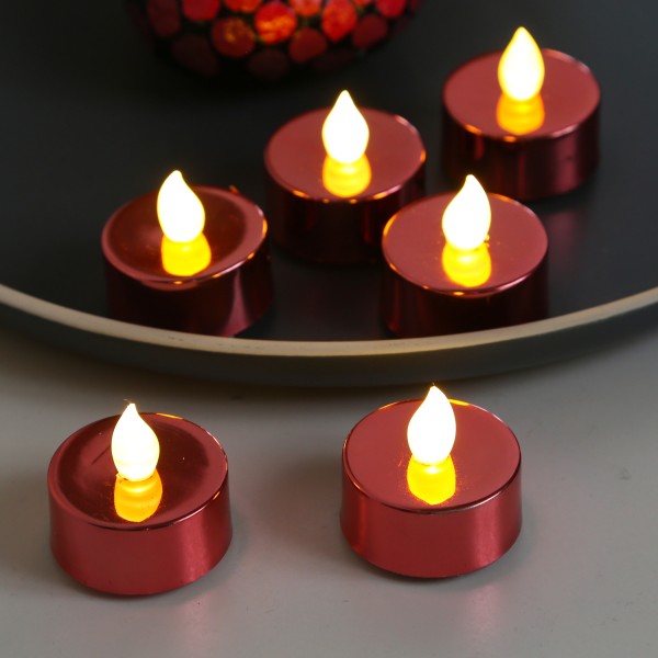 LED Teelichter - warmweiße flackernde Flamme - Batteriebetrieb - D: 3,8cm - rot - 6er Set