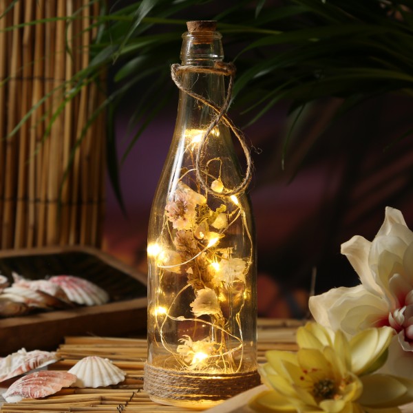 LED Flasche mit Trockenblumen - 10 warmweiße LED - mit Juteseil - Timer - H: 24cm - Innen - creme