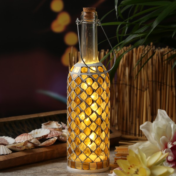 LED Flasche mit Mosaiksteinen - 10 warmweiße LED an Drahtlichterkette - H: 29,5cm - braun