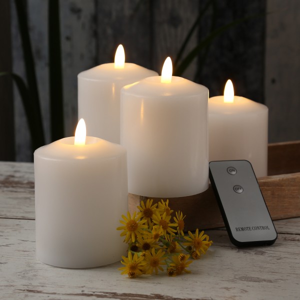 LED Kerzenset - Echtwachs - flackernde 3D Flamme - H: 11,5cm - Fernbedienung - weiß - 4er Set