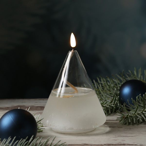 LED Kerze im Glas - Öllampe mit Flüssigwachs Optik - flackernde 3D Flamme - Timer - H:15,5cm - Kegel