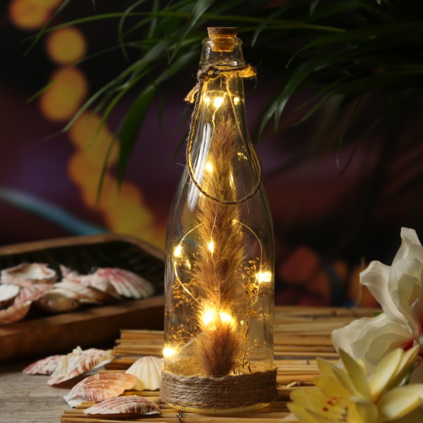 LED Flasche mit Trockenblumen - 10 LED an Drahtlichterkette - mit Juteseil - H: 24cm - Innen - braun
