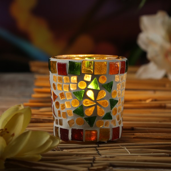 Windlicht Mosaik Glas - Teelichthalter - H: 7cm - D: 7cm - weiß, orange, rot