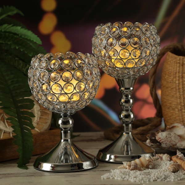 Kerzenhalter Kelch - Windlicht für Teelichter - H: 24cm/19cm - inkl. 2 LED Kerzen - silber - 2er Set