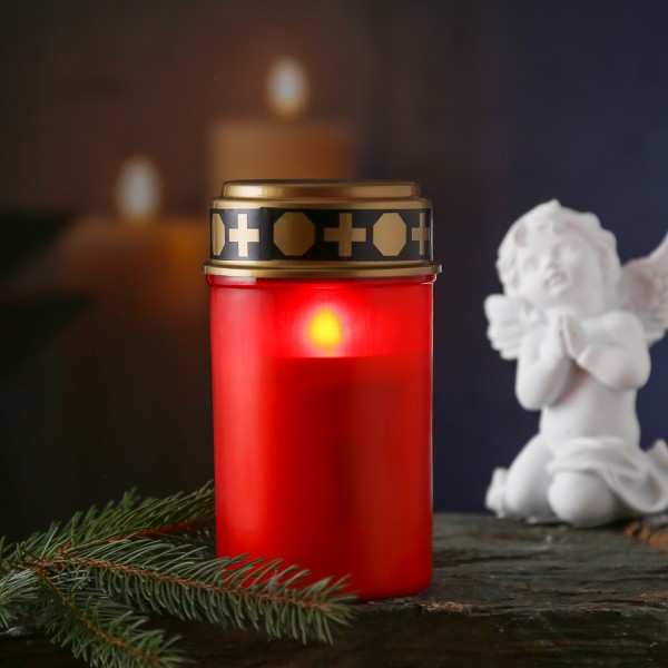 LED Grablicht - Grabkerze - rot flackernde Flamme - H:12cm - 2500h Leuchtdauer - für Außen - rot