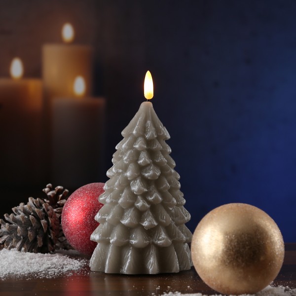 LED Kerze Tannenbaum - Echtwachs - warmweiße 3D Flamme - H: 18cm - Timer - grau