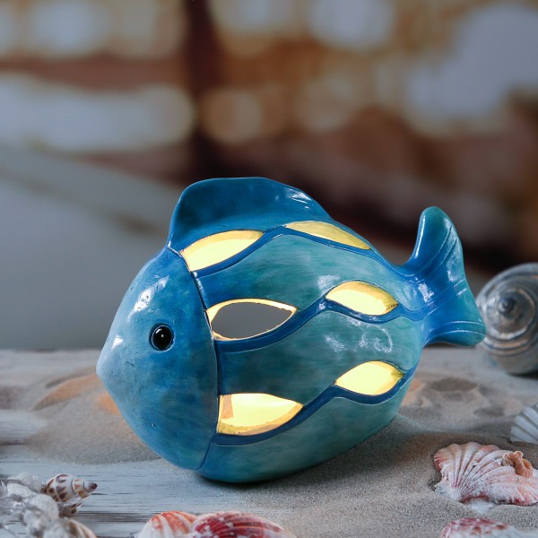 Teelichthalter Fisch - Windlicht - Terrakotta - H: 12,5cm - hellblau/türkis