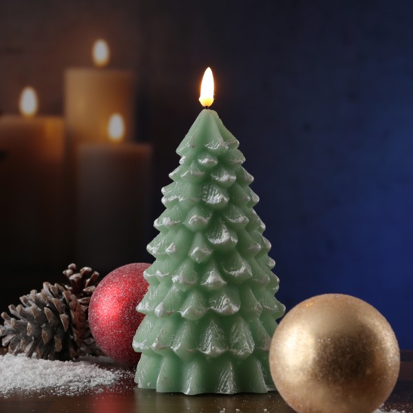 LED Kerze Tannenbaum - Echtwachs - warmweiße 3D Flamme - H: 20cm - Timer - grün