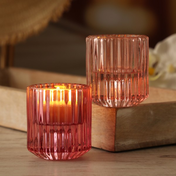 Kerzenhalter 2in1 - Teelichthalter/Stabkerzenhalter - Glas - H:5,9cm - pink, rosa - 2er Set