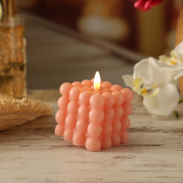 LED Kerze Bubble - Würfelkerze - Echtwachs - realistische 3D Flamme - H: 9,5cm - Timer - rosa