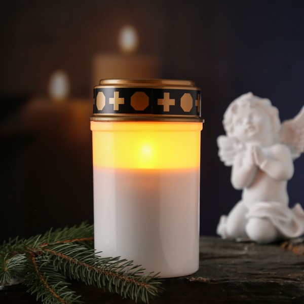 LED Grablicht - Grabkerze - gelb flackernde Flamme - H. 12,5cm - für Außen - weiß mit Deckel