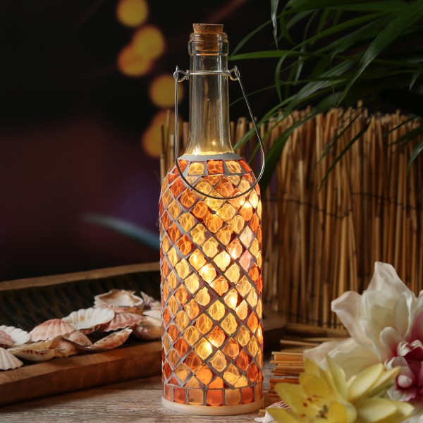 LED Flasche mit Mosaiksteinen - 10 warmweiße LED an Drahtlichterkette - H: 29,5cm - rosa