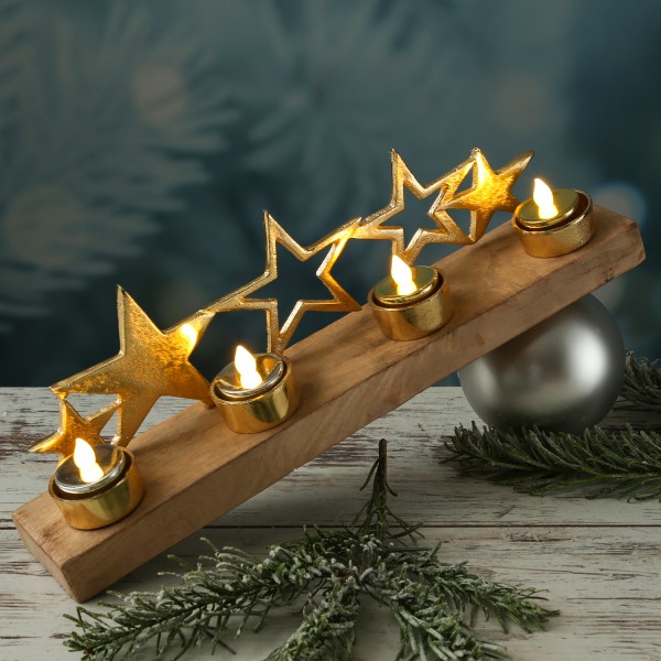 Teelichthalter mit goldenen Sternen auf Holzplatte - für 4 Teelichter - L: 38cm - natur, gold