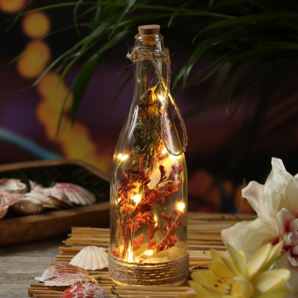 LED Flasche mit Trockenblumen - 10 warmweiße LED - mit Juteseil - Timer - H: 24cm - Innen - rot