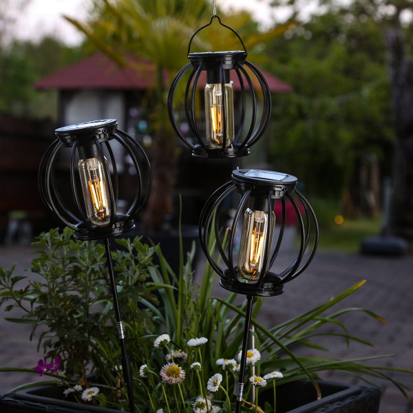 LED Solar Laterne und Gartenstecker - ein Henkel u. zwei Erdspieße - D: 13cm - schwarz - 3er Set