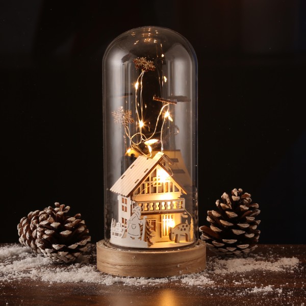 LED Deko Glaskuppel Weihnachtsmann - 10 warmweiße LED - H: 25cm - Batterie - Innen - natur