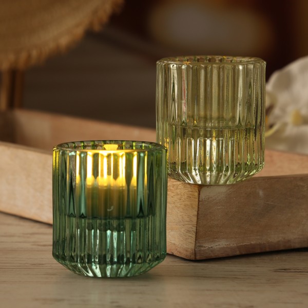 Kerzenhalter 2in1 - Teelichthalter/Stabkerzenhalter - Glas - H:5,9cm - grün, hellgrün - 2er Set