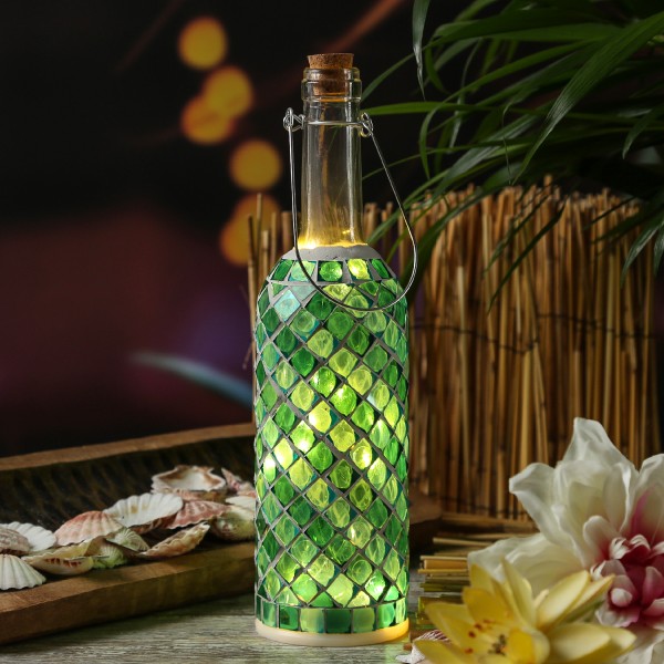 LED Flasche mit Mosaiksteinen - 10 warmweiße LED an Drahtlichterkette - H: 29,5cm - grün