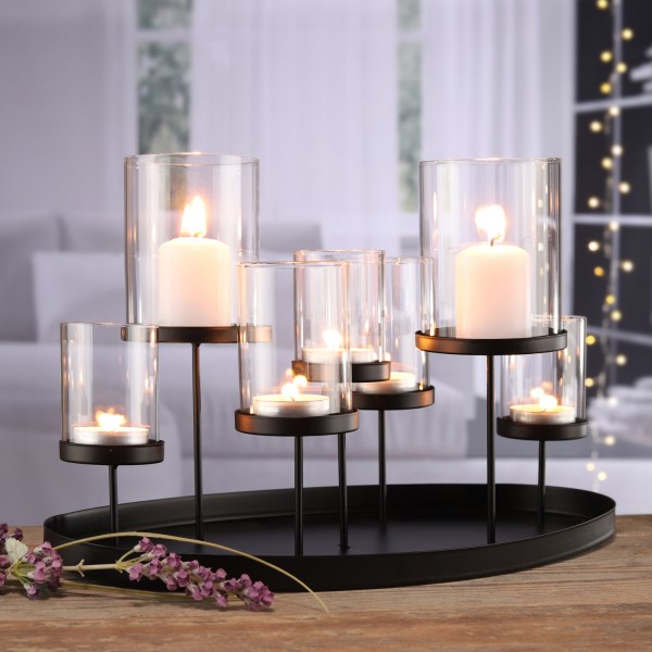 Kerzenhalter - Teelichthalter - verschiedene Höhen - ovale Metall Deko-Schale - schwarz